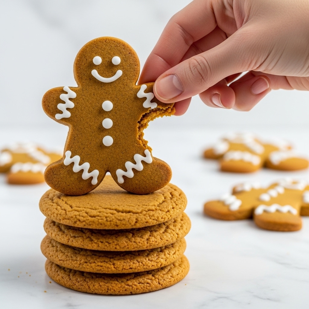A stack of four round ginger cookies with a golden-brown color sits on a white marbled surface. On top of the stack, a gingerbread man cookie decorated with white icing in the shape of a smiling face, buttons, and zigzag lines on the arms and legs is held by a woman's hand. The gingerbread man is missing a bite from its right leg, showing a darker, soft inside. In the blurry background, more gingerbread cookies with white icing decoration lie flat on the white marbled surface. photo taken with an iphone --ar 4:5 --v 7