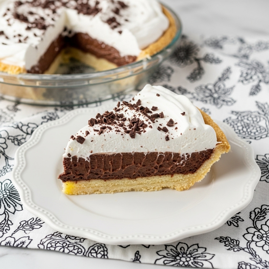 A slice of pie on a white scalloped plate shows three distinct layers: the bottom is a thin light golden crust with a slightly flaky texture, the middle layer is thick and rich dark chocolate filling with a smooth surface, and the top layer is a thick, fluffy white whipped cream that looks soft and airy, sprinkled with dark chocolate shavings. The pie slice is cut from a larger pie in a clear glass pie dish, sitting on a white marbled surface underneath a white cloth with black floral patterns. Photo taken with an iphone --ar 4:5 --v 7