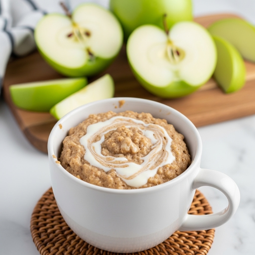 A close-up view of a white mug filled with a thick, light brown oatmeal-like mixture that has creamy white swirls and some small lumps on the surface, sitting on a round woven coaster. In the background, there are green apple slices with bright green skin and pale yellow inside placed on a wooden board, all set on a white marbled surface. Photo taken with an iphone --ar 4:5 --v 7