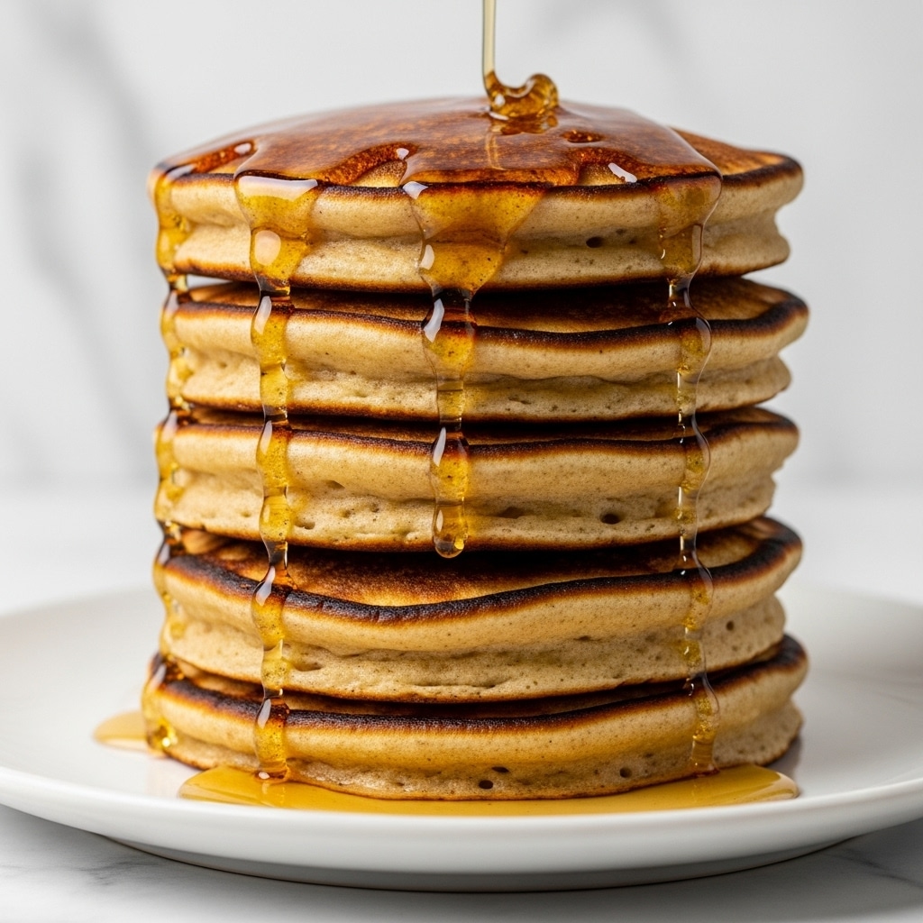 A tall stack of five thick golden-brown pancakes sits on a white plate, each pancake showing a slightly rough texture with darker brown spots on the top and edges, giving them a rustic look. The pancakes are layered perfectly, with golden syrup slowly dripping down the sides from the top, pooling a little at the bottom of the plate. The close-up view highlights the moist, fluffy interior of the pancakes and the shiny, sticky syrup adding a warm richness. The background is a smooth white marbled surface that contrasts softly with the warm colors of the stack. photo taken with an iphone --ar 4:5 --v 7