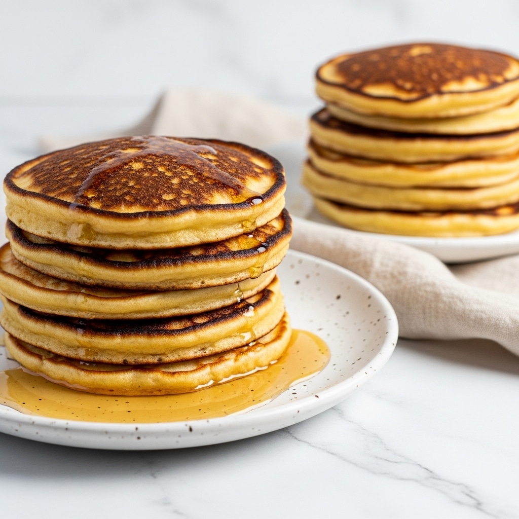 A close-up view of two stacks of golden-brown pancakes, each stack showing about four thick layers with a slightly crispy, dark brown top and lighter golden edges. The pancakes have a soft, spongy texture and rest on white speckled plates, with light amber syrup pooled around the base of the front stack. The background surface is a white marbled texture with a soft, beige cloth partially visible near the plates. The pancakes look warm and fresh, catching soft natural light. photo taken with an iphone --ar 4:5 --v 7