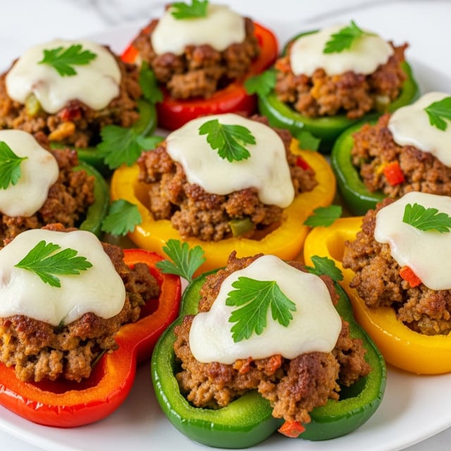 The image shows several stuffed yellow bell pepper halves arranged closely together in a black pan, placed on a white marbled surface. Each pepper half has three visible layers: the bottom layer is the bright yellow pepper shell, the middle layer consists of browned ground meat mixed with cooked onions, and the top layer is melted white cheese with a smooth, creamy texture. There are bright red bell pepper pieces and fresh green parsley leaves scattered on top, adding vibrant color and freshness. The cheese is slightly glossy with a few small oil spots, indicating it is warm and freshly melted. photo taken with an iphone --ar 4:5 --v 7