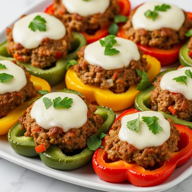 A close-up of a white plate filled with stuffed bell pepper slices arranged in multiple layers. The base layer consists of thick slices of red, yellow, and green bell peppers with a shiny texture. On top of each pepper slice is a cooked ground meat mixture with a slightly crumbly texture, mixed with visible small pieces of vegetables. Each meat topping is lightly covered with melted white cheese that looks soft and gooey, melting perfectly over the meat. Fresh bright green parsley leaves are sprinkled on top as garnish, adding a fresh contrast to the warm colors. The background shows a white marbled surface. Photo taken with an iphone --ar 4:5 --v 7
