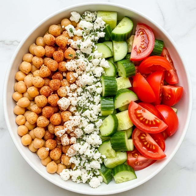 A white bowl holds a colorful salad layered in sections, with the left section filled with light beige chickpeas sprinkled lightly with red spices, the middle section topped with crumbled white feta cheese mixed with small green herb pieces, and the right section showing bright red tomato wedges and sliced cucumber chunks with green skin. The salad looks fresh with a mix of soft and crunchy textures. The bowl is placed on a white marbled surface. Photo taken with an iphone --ar 4:5 --v 7