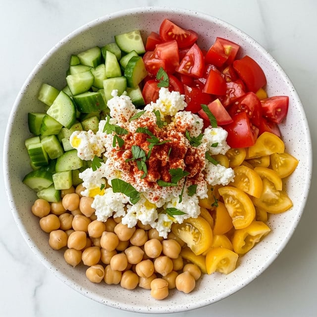 The image shows a white speckled bowl filled with a colorful salad, layered with different fresh ingredients. At the base, there are light yellow chickpeas scattered around the bowl. Next to them, there are sliced green cucumbers forming a rising curve on one side. Bright red and yellow chopped tomatoes fill the other side of the bowl. On top in the center, there is a generous layer of white, crumbly cheese with some olive oil drizzled over it. The cheese is sprinkled with red paprika powder and fresh chopped green herbs, adding a vibrant touch. The bowl rests on a white marbled surface. photo taken with an iphone --ar 4:5 --v 7