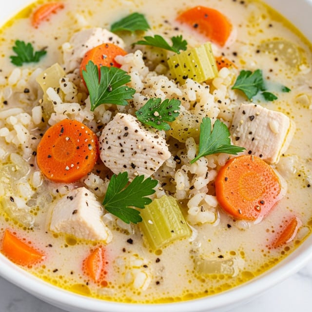 A close-up view of a creamy chicken soup in a white bowl, showing several layers and textures. The base is a thick, milky broth with a slightly shiny surface. Floating in the broth are soft, white chunks of chicken, translucent pieces of chopped celery, and sliced orange carrots. Small bits of cooked rice add a grainy texture throughout. Scattered on top are fresh green parsley leaves and a sprinkle of cracked black pepper, giving a contrast in color and texture. The bowl rests on a surface with a white marbled texture. photo taken with an iphone --ar 4:5 --v 7