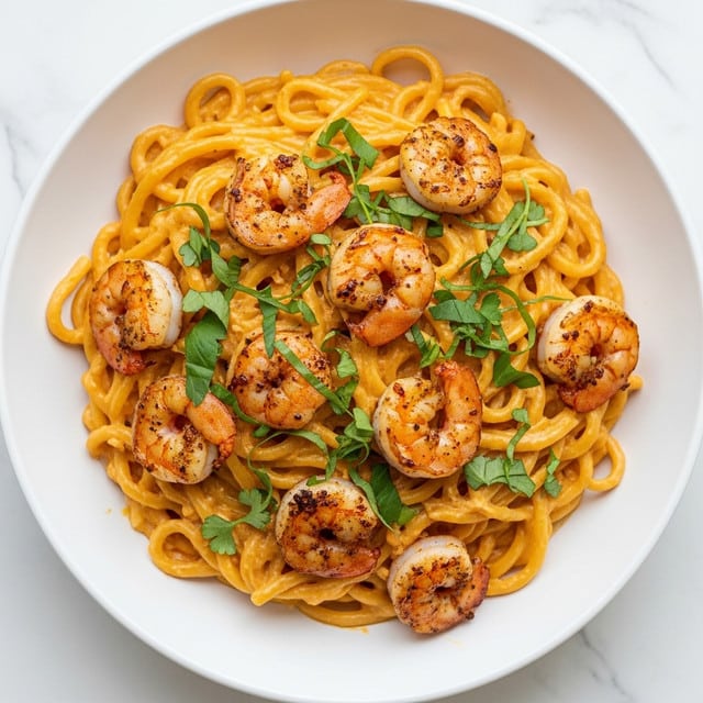 A white plate filled with creamy pasta topped with browned shrimp and garnished with green herbs. The pasta is coated in a light orange sauce, appearing smooth and rich, with the shrimp pieces scattered evenly on top, showing a slightly crispy texture. The green herbs add a fresh contrast across the dish. The background is a white marbled texture. Photo taken with an iphone --ar 4:5 --v 7