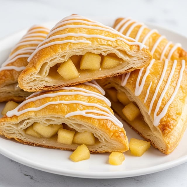 A close-up view of four golden-brown triangular pastries stacked on a white plate, each with a crispy, flaky outer layer showing multiple thin layers of puff pastry. The top two pastries are drizzled with a white icing glaze in thin stripes, slightly glossy and smooth. Inside the pastries, visible through slight openings, are soft, translucent pieces of cooked apple filling in light yellow and amber shades. Small bits of apple filling peek out from beneath the pastries. The white plate rests on a white marbled textured surface. photo taken with an iphone --ar 4:5 --v 7