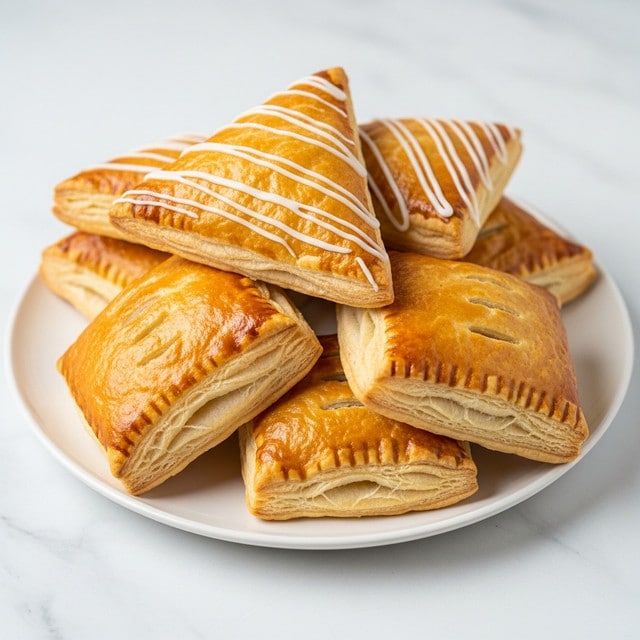 A round white plate holds six golden brown pastries stacked casually. Four square pastries form the base layer, each with a shiny, smooth crust showing slight puff and flaky lines from baking. On top of them, two triangular pastries sit, one plain shiny golden brown like the base, the other with neat white icing stripes running diagonally across its surface. The pastries look crisp and flaky, with layers visible on the edges. The plate rests on a white marbled surface. Photo taken with an iphone --ar 4:5 --v 7