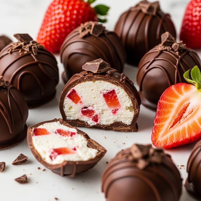 A close-up view of a chocolate shell broken open to reveal a white creamy filling mixed with pieces of red strawberry inside. Surrounding the main broken piece are whole chocolate-covered treats that are smooth and shiny with a slight texture. There are bright red whole strawberries and a sliced strawberry with seeds visible, placed around the chocolates. Small chocolate shards are scattered on top and around the sweets, all set on a white marbled surface. photo taken with an iphone --ar 4:5 --v 7