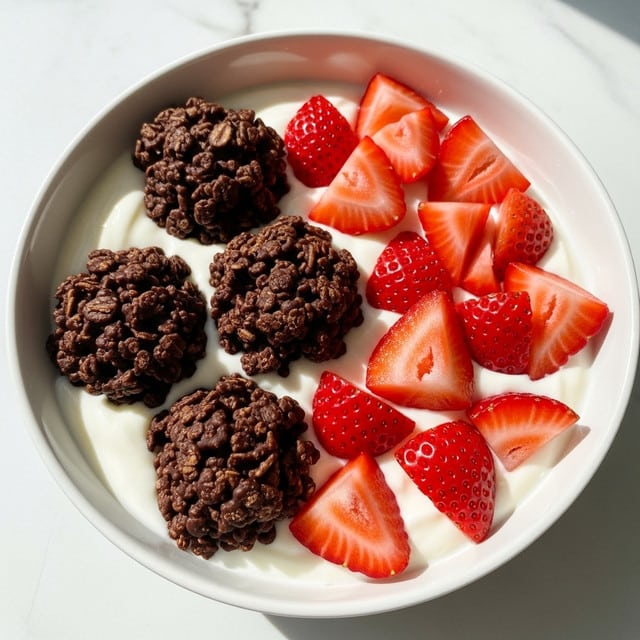 The image shows a white bowl filled with a dessert made of three main layers: the bottom layer is a creamy white yogurt, smooth and thick; on top are several clusters of dark chocolate-covered granola with a rough texture and small crunchy bits visible; scattered around and on top of the clusters are bright red strawberry slices, fresh and juicy, adding vibrant color contrast. The bowl is placed on a white marbled surface with soft natural light highlighting the shiny chocolate and fresh strawberries, photo taken with an iphone --ar 4:5 --v 7