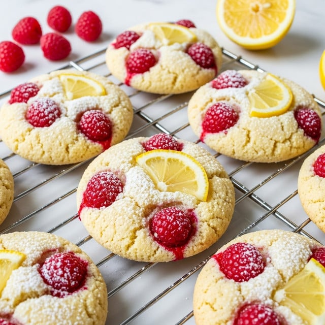 The image shows a close-up of several soft, round cookies laid out on a metal cooling rack over a white marbled surface. Each cookie has a light golden yellow base with a slightly cracked texture, embedded with bright red raspberries and thin, translucent lemon slices on top. The cookies are dusted lightly with white powdered sugar, adding a subtle sparkle. The raspberries appear fresh and plump, contrasting the smooth, chewy cookie dough. The metal rack underneath slightly raises the cookies, showing some shadows beneath. In the background, there are whole raspberries and a halved lemon placed on the white marbled surface, adding to the fresh and vibrant look. photo taken with an iphone --ar 4:5 --v 7