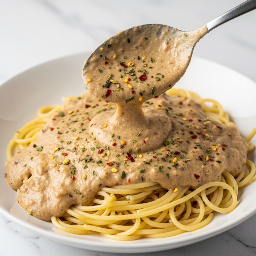 The image shows a black skillet filled with creamy macaroni and cheese pasta, which is pale yellow and soft in texture, spread evenly across the pan's bottom. On top of the pasta, there are two large pieces of cooked salmon, pink-orange with a slightly crispy, golden-brown surface, placed side by side near the center. Green chopped chives are sprinkled on top of the dish, adding a pop of color. The skillet rests on a white marbled surface, and parts of a cloth with blue and gray stripes are visible at the bottom edge. Photo taken with an iphone --ar 4:5 --v 7