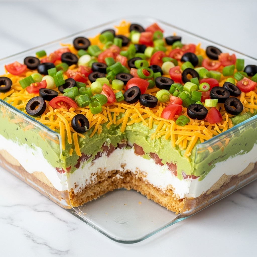 The dish is a layered dip served in a clear rectangular glass casserole dish on a white marbled surface. The bottom layer is green guacamole spread evenly along the edges, followed by a layer of dark red beans or salsa. On top is a thick layer of shredded orange cheese covering most of the dish. The top is garnished with scattered black olive slices, small diced red tomatoes, and chopped green onions spread all over, adding pops of black, red, and green colors. The textures range from creamy guacamole to soft beans, shredded cheese, and fresh vegetables. photo taken with an iphone --ar 4:5 --v 7
