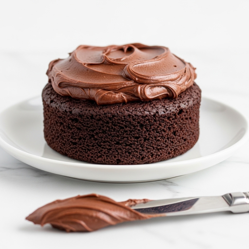A single thick, round, dark chocolate brownie sits on a white plate, topped with a generous layer of smooth, shiny chocolate frosting that has soft swirls and peaks. In front of the brownie, on the white marbled surface, lies a knife with some of the same rich chocolate frosting spread on its blade. The background is clean and white, focusing attention on the dense, moist texture of the brownie and the glossy frosting on top. Photo taken with an iphone --ar 4:5 --v 7