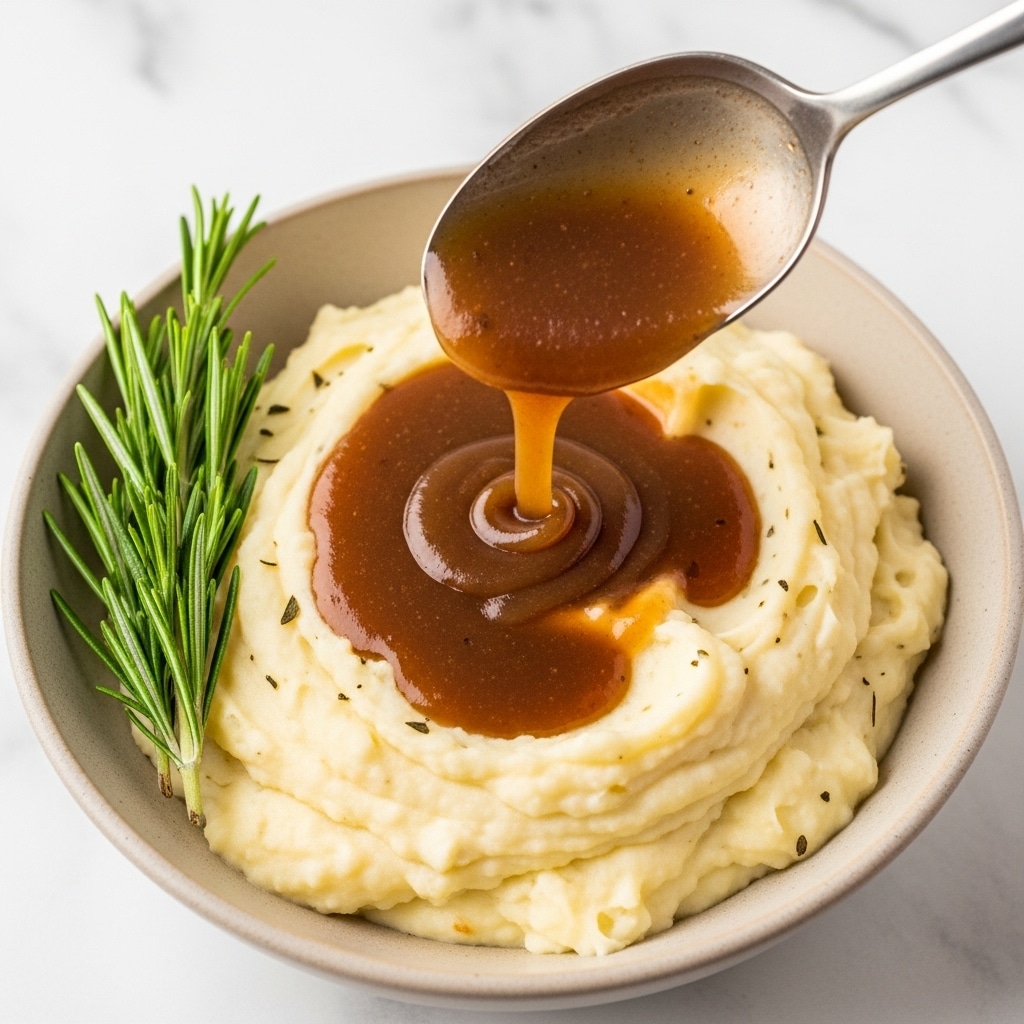 A close-up image showing creamy mashed potatoes in a beige bowl with a smooth, fluffy texture and a few small lumps visible. Rich brown gravy is being poured over the mashed potatoes from a silver spoon held above, the gravy has a glossy, thick consistency and starts filling the middle and edges of the potatoes. On the left side of the bowl, there is a small bunch of fresh green rosemary sprigs for garnish. The background is a white marbled surface. photo taken with an iphone --ar 4:5 --v 7