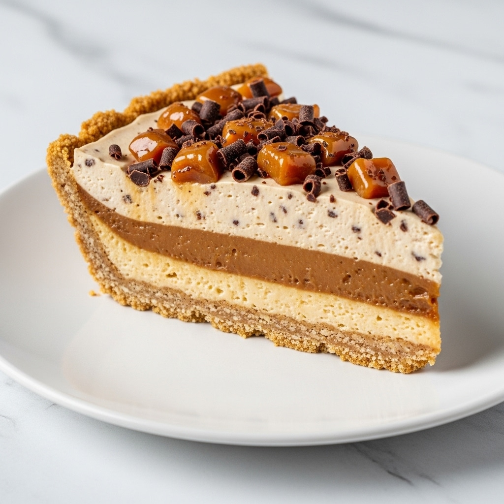 A slice of pie with three visible layers on a white plate, set on a white marbled textured surface; the bottom layer is a thin, crumbly light brown crust, the middle layer is a smooth caramel brown filling, and the top layer is a thick creamy beige custard with small dark specks. On top of the custard, there are shiny caramel-colored chunks and small dark brown chocolate shavings scattered evenly. The pie crust edge is flaky and golden brown. Photo taken with an iphone --ar 4:5 --v 7