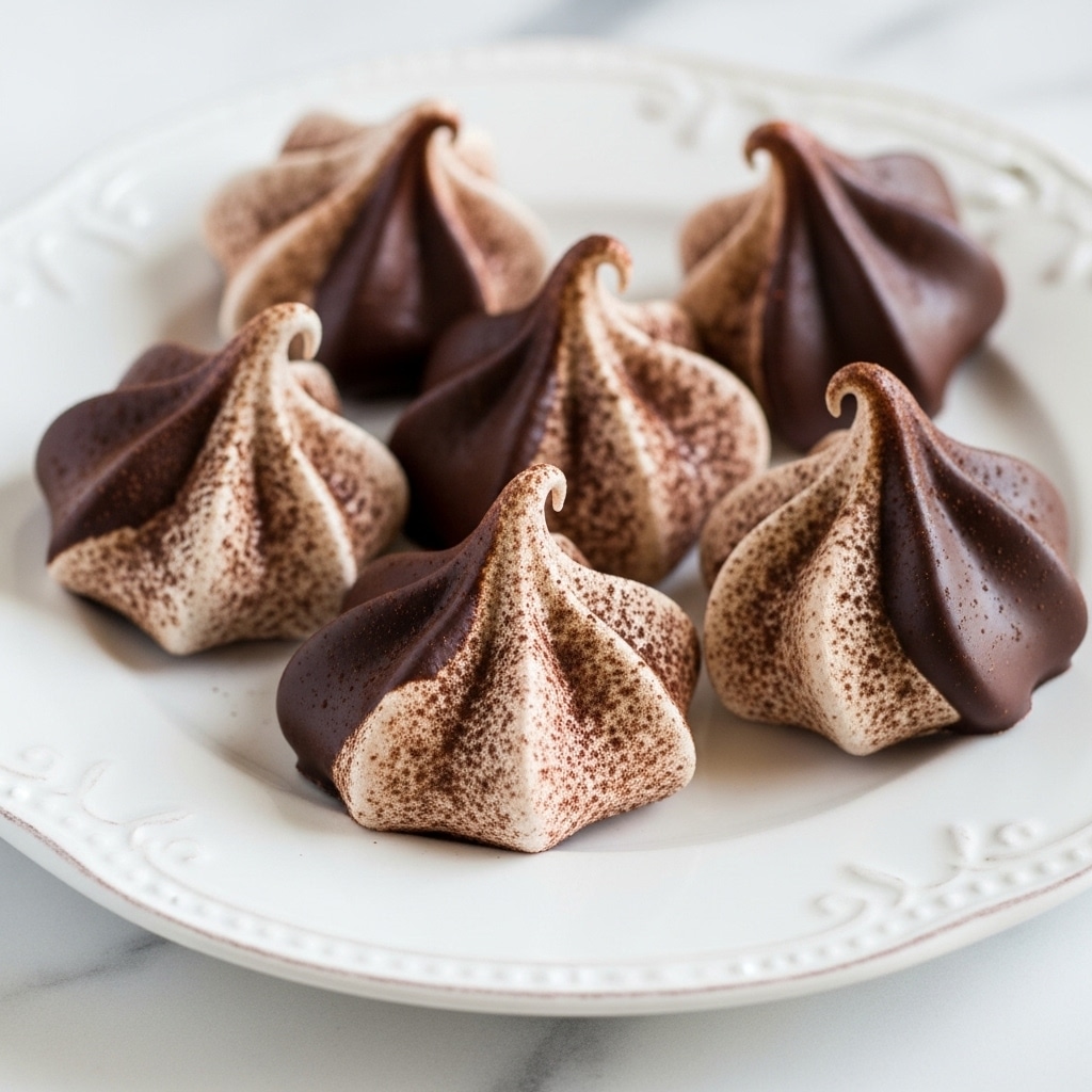 The image shows five chocolate meringue kisses on a white plate with a delicate edge. Each piece has a dark brown, glossy chocolate coating on some parts, while the exposed areas are dry and cocoa dusted, giving a slightly rough texture. The meringue shapes have several pointed peaks and valleys, creating a star-like pattern. The plate sits on a white marbled surface, adding a clean and elegant feel. photo taken with an iphone --ar 4:5 --v 7