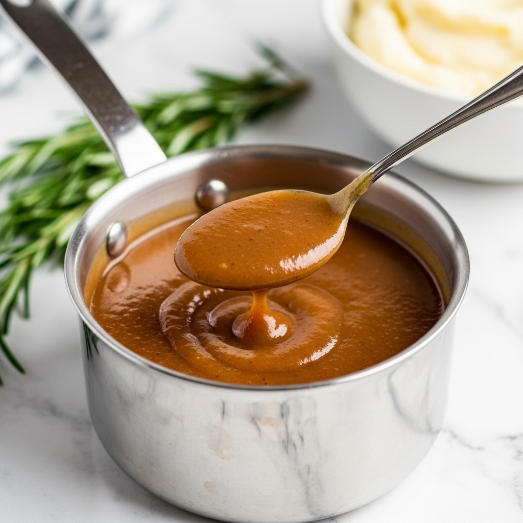 A shiny silver small saucepan filled with smooth, rich brown gravy. A silver spoon is dipped inside, holding some of the thick gravy, showing its glossy and slightly thick texture. The saucepan sits on a white marbled surface with a soft background that includes fresh green rosemary and a blurred bowl of mashed potatoes. The gravy has a warm, inviting look with tiny specks visible in it. photo taken with an iphone --ar 4:5 --v 7