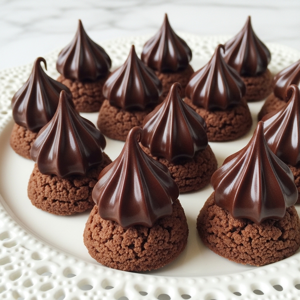 There are small chocolate treats on a white plate with a lace-like edge. Each treat has a two-layer shape, with a darker brown, slightly rough-textured base and a smooth, shiny chocolate tip shaped like a swirl or peak on top. The treats are placed closely together, showing the rich texture and glossy finish clearly. The background is a white marbled surface. photo taken with an iphone --ar 4:5 --v 7