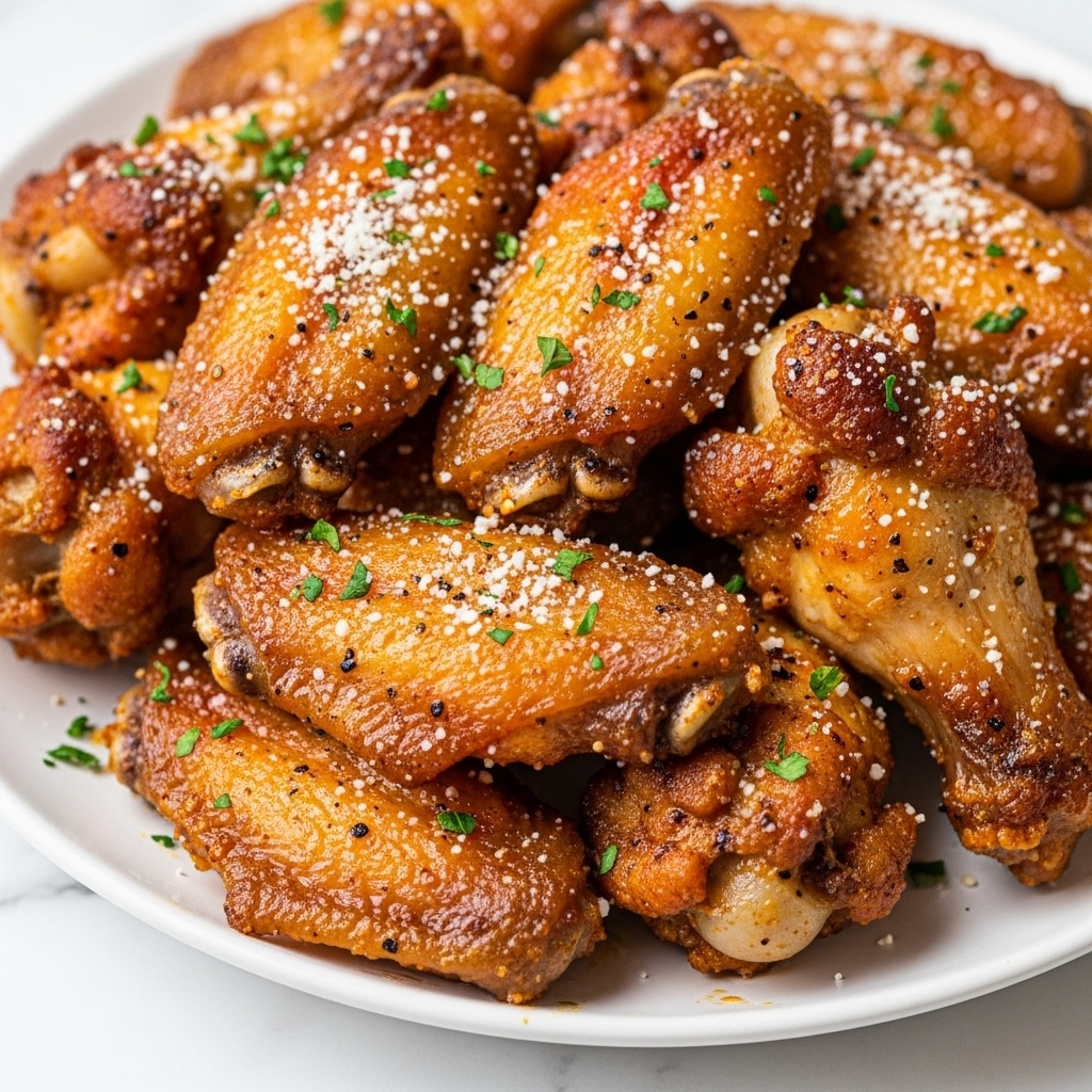 A close-up view of a plate filled with around ten crispy chicken wings, each wing showing a golden-brown, slightly charred skin texture, coated evenly with a light dusting of white grated cheese and sprinkled with small chopped green herbs. The wings look juicy and covered in a shiny layer of sauce or oil, highlighting a mix of rich orange and dark brown colors with hints of black pepper and seasoning. The wings are arranged in a messy stack, partially covering each other on a white plate placed on a white marbled surface. photo taken with an iphone --ar 4:5 --v 7