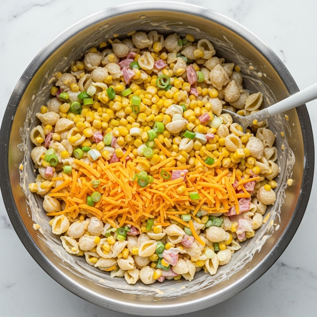 A close-up view of a creamy pasta salad served on a white plate set against a white marbled texture. The salad has three main visible layers: soft, small pasta shells coated thickly in a white creamy dressing, mixed with small pieces of yellow corn and bits of light pink and green vegetables or herbs evenly spread throughout. The top layer is garnished with bright green chopped scallions, adding a fresh pop of color. The texture looks rich and smooth with hints of crunch from the corn and scallions. photo taken with an iphone --ar 4:5 --v 7