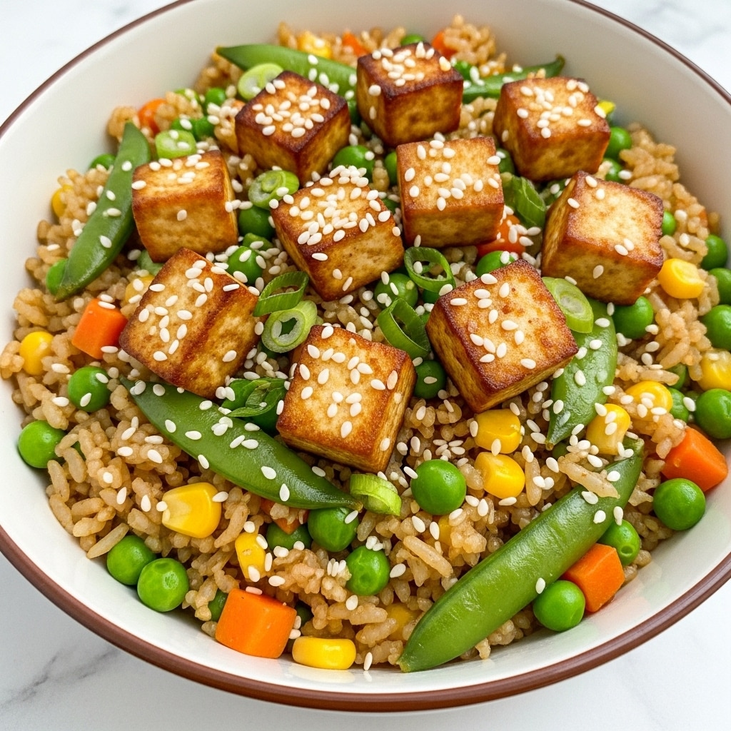 A close-up view of a bowl filled with fried rice mixed with bright green peas, small yellow corn kernels, and diced orange carrots. The rice is light brown and looks well cooked, with small green onion pieces scattered throughout. Cubes of golden-brown tofu are placed evenly on top and mixed in, each cube showing a lightly crisped texture. White sesame seeds are sprinkled over the dish, adding contrast. The bowl is white with a brown rim, set on a white marbled surface. photo taken with an iphone --ar 4:5 --v 7