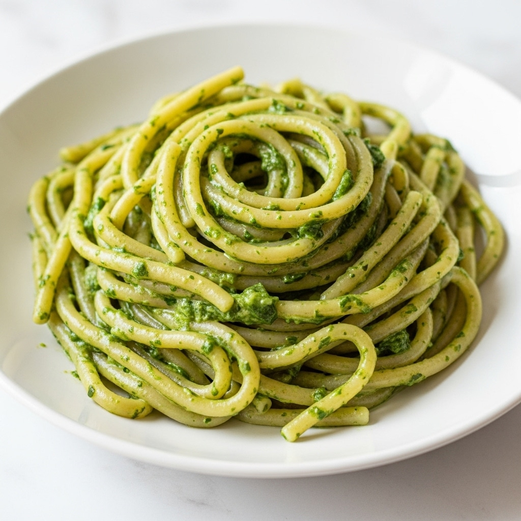 A white plate holds a small mound of spaghetti pasta coated in a smooth, creamy green sauce. The sauce is thick with a slightly chunky texture, showing bits of green herbs mixed throughout. The noodles are twisted together in the center, creating a round, layered pile with light and dark green shades swirling evenly. The background is a white marbled texture, making the colors of the pasta stand out clearly. Photo taken with an iphone --ar 4:5 --v 7