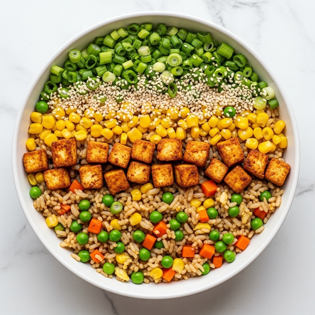 A white bowl filled with colorful fried rice showing about three layers: a base layer of light and dark brown cooked rice mixed evenly with bright green peas, vibrant yellow corn, and small orange carrot cubes; a middle layer of golden-brown crispy tofu cubes scattered throughout; and a top layer sprinkled with chopped green onions and white sesame seeds, all sitting on a white marbled surface, photo taken with an iphone --ar 4:5 --v 7