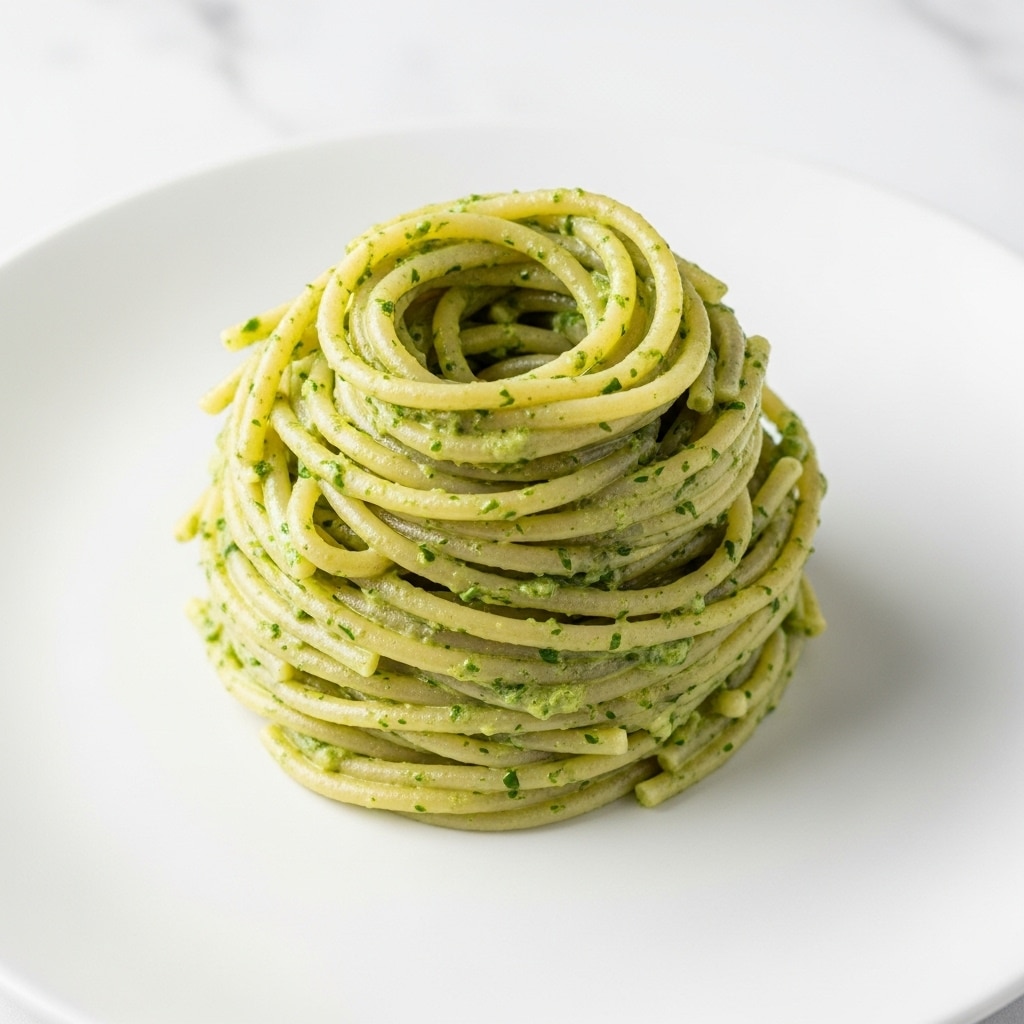 A close-up view of a white plate filled with a single serving of pasta coated in a creamy green sauce. The pasta strands are long, flat, and slightly twisted, with the green sauce mixed evenly throughout, showing bits of finely chopped herbs or greens. The texture of the sauce looks smooth but slightly chunky with herbs, giving a fresh and vibrant look. The plate sits on a white marbled surface, and the lighting is bright and natural, highlighting the glossy shine on the pasta. Photo taken with an iphone --ar 4:5 --v 7