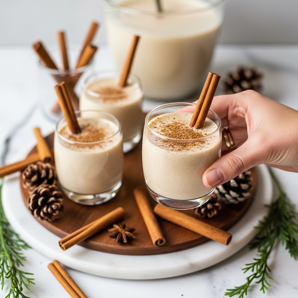 A woman's hand is holding a small clear glass filled with a creamy beige liquid topped with brown specks of spice and garnished with a cinnamon stick standing upright inside the glass. Behind it, there are two similar glasses with the same creamy drink and cinnamon sticks, all placed on a round wooden board. Scattered around the board and on the white marbled surface are whole cinnamon sticks and small pine cones along with some green stem-like decorations. In the blurry background, there is a large container with the same creamy drink and some cinnamon sticks standing upright behind it. The scene has soft natural light. photo taken with an iphone --ar 4:5 --v 7