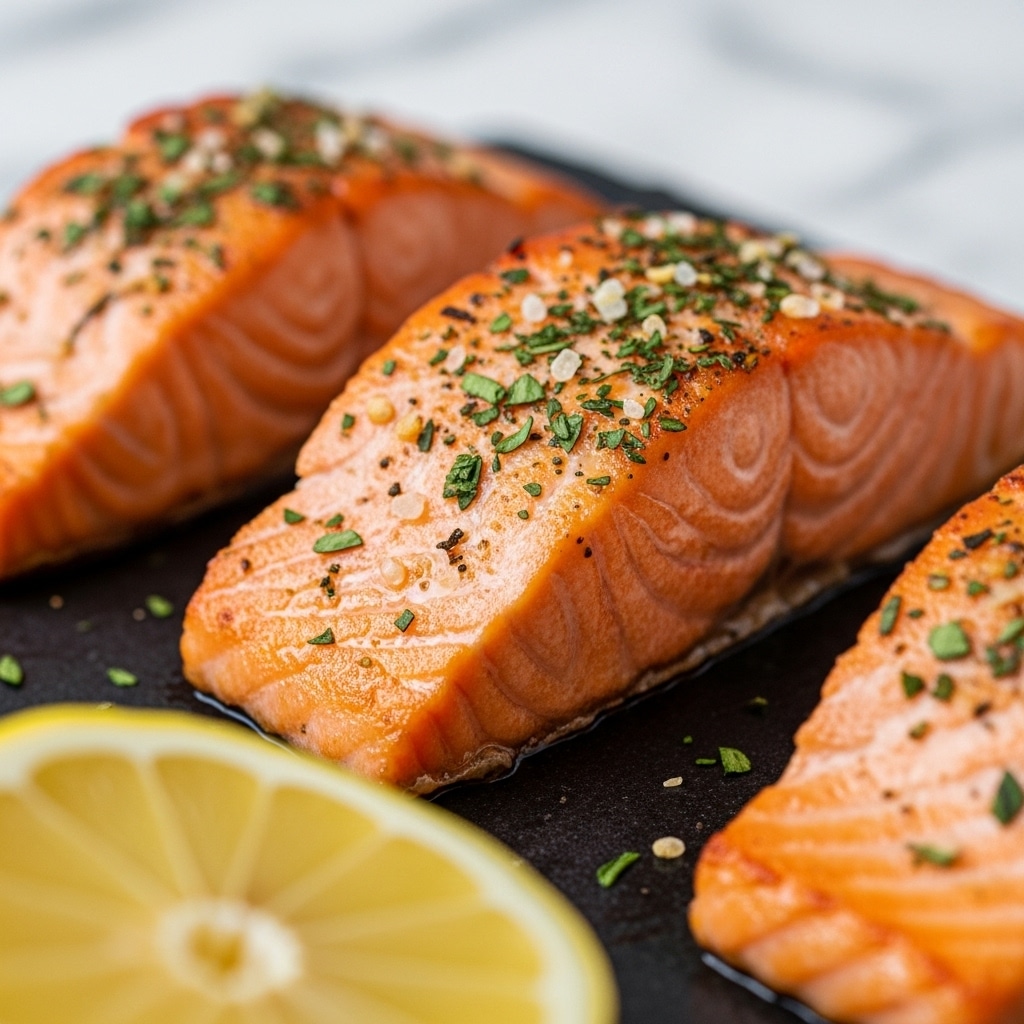 The image shows a close-up of three cooked salmon pieces on a dark surface with a white marbled background. Each salmon piece has a rich pink-orange color with a slightly crispy texture on the outside and a soft, moist look inside. Small green herb flakes and light seasoning crystals are sprinkled over the top, enhancing the fresh appearance. In the bottom corner, a soft yellow lemon wedge sits blurred, adding a touch of brightness. The focus is sharp on the nearest salmon piece, highlighting its juicy and flaky layers. Photo taken with an iphone --ar 4:5 --v 7