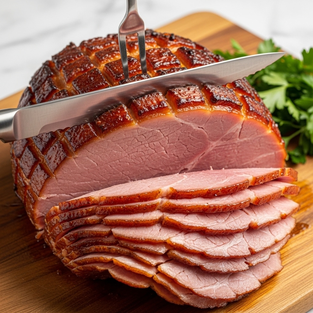 A large glazed ham with around twelve visible layers sits on a wooden board. The top layer is shiny and caramelized with dark brown and orange tones, showing a crisp texture. Below it, the layers alternate between reddish-pink and deeper rosy shades, each thinly sliced and moist. A metal fork is stuck into the top of the ham, with a long silver knife held horizontally, cutting the top layer. In the background, there is a wooden cutting board and some green parsley, all against a white marbled texture. photo taken with an iphone --ar 4:5 --v 7