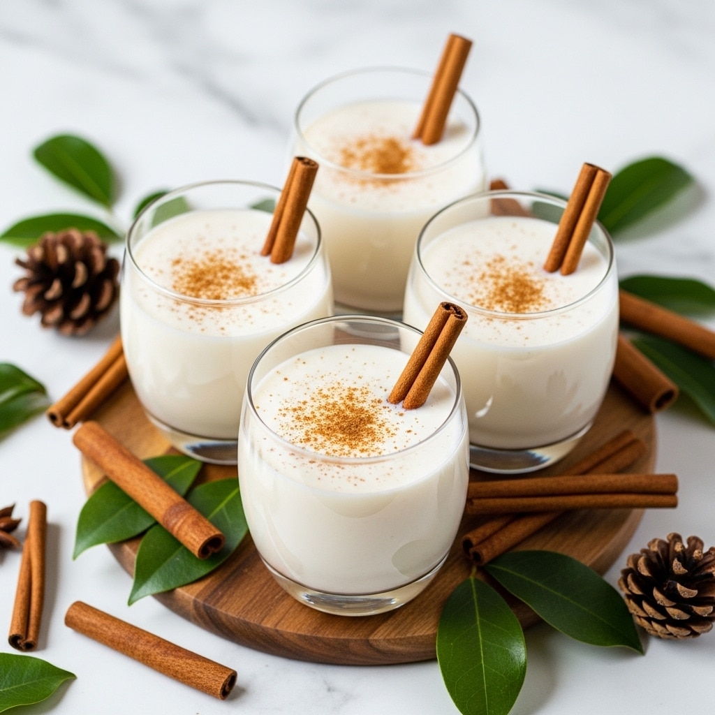 The image shows four clear glasses filled with a smooth, creamy white drink, each glass topped with a sprinkle of light brown spice. Each glass has a single cinnamon stick partly inside the drink, standing upright or leaning against the glass rim. The glasses sit on a wooden board surrounded by loose cinnamon sticks, green leaves, and small pinecones, all placed on a white marbled textured surface. The warm tones of the cinnamon and natural decorations contrast with the soft white drink, giving a cozy and inviting look. Photo taken with an iphone --ar 4:5 --v 7