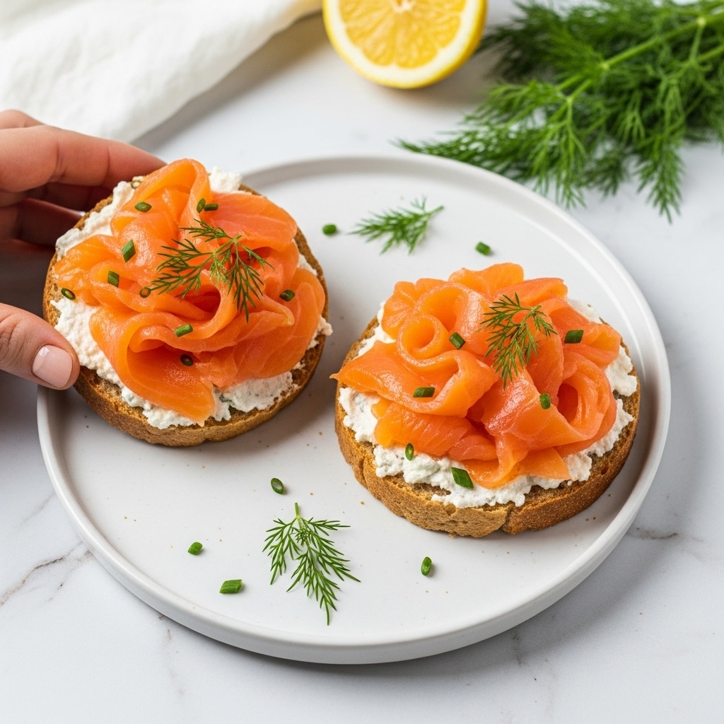 The image shows two open-faced toast slices on a round white plate, placed on a white marbled surface. Each toast has a base layer of creamy white spread, topped with orange smoked salmon ribbons arranged loosely, giving a soft and textured look. Small green dill leaves are scattered on top of the salmon and around the plate as garnish, adding a fresh contrast. A woman's hand is holding one of the toasts on the side. In the background, there is a lemon half and fresh dill sprigs adding color and detail. photo taken with an iphone --ar 4:5 --v 7