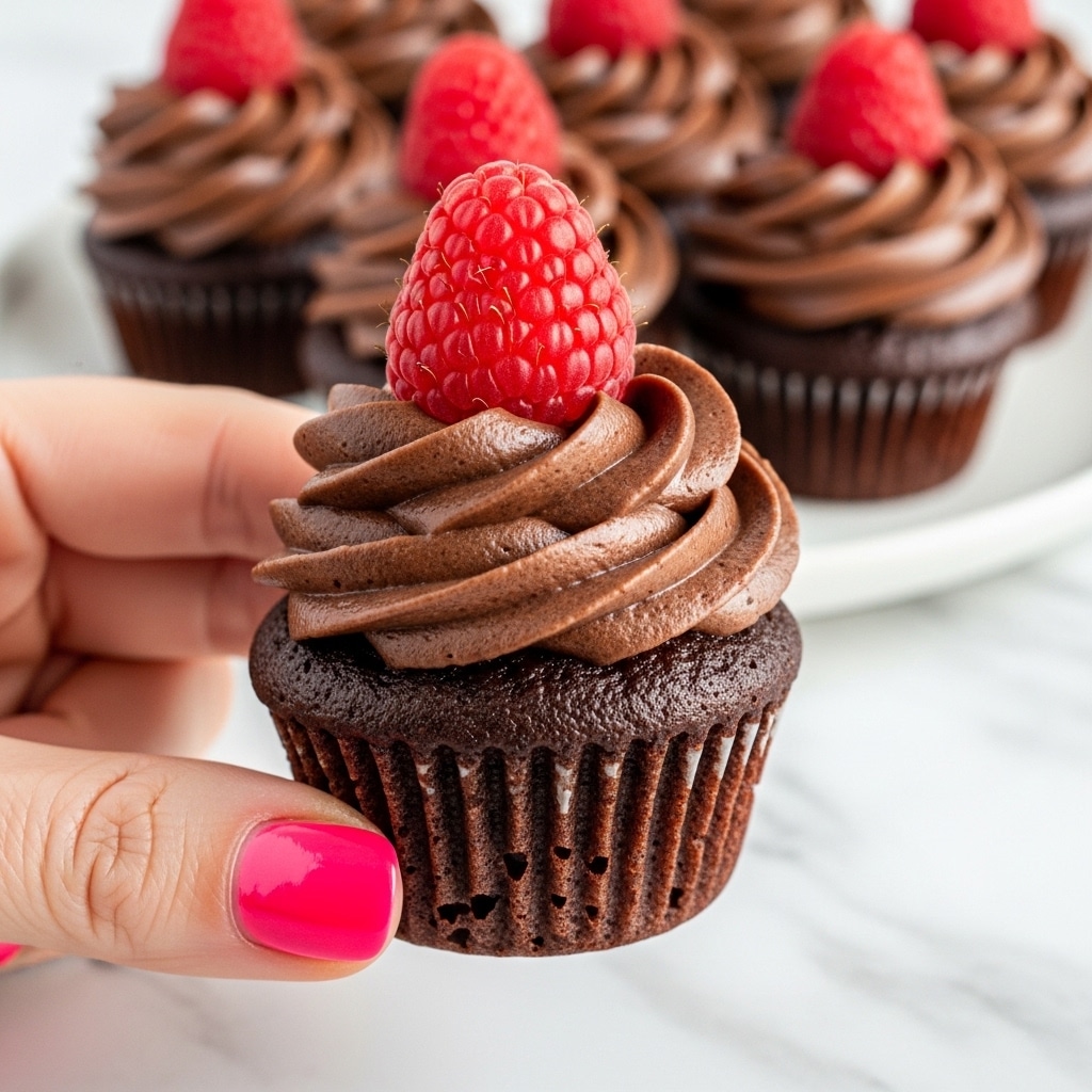 The image shows a close-up of a small chocolate cupcake with a rich, dark brown base textured with tiny ridges. On top, there is a smooth swirl of dark chocolate frosting, tall and thick with a glossy finish. A single bright red raspberry with a bumpy texture sits on the frosting, adding a fresh pop of color. A woman's hand with bright pink nail polish gently holds the cupcake between thumb and fingers. In the blurred background, more cupcakes with similar frosting and raspberries rest on a white plate placed on a white marbled surface. The photo has warm lighting and a cozy feel. photo taken with an iphone --ar 4:5 --v 7