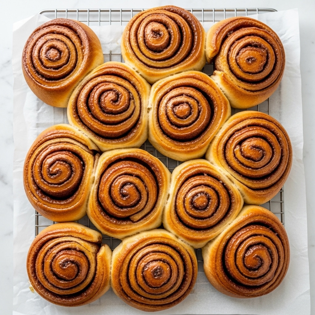 The image shows twelve golden brown cinnamon rolls placed in three rows on a metal cooling rack. Each roll is thick with multiple soft and flaky layers, spiraled tightly with a glossy glaze coating that gives a shiny, sticky appearance. The dough looks pillowy and slightly caramelized around the edges, with some visible cinnamon sugar filling peeking through the spirals. The cooling rack sits on a piece of white parchment paper, all set on a white marbled textured surface beneath, creating a clean and bright contrast to the warm colors of the rolls. photo taken with an iphone --ar 4:5 --v 7