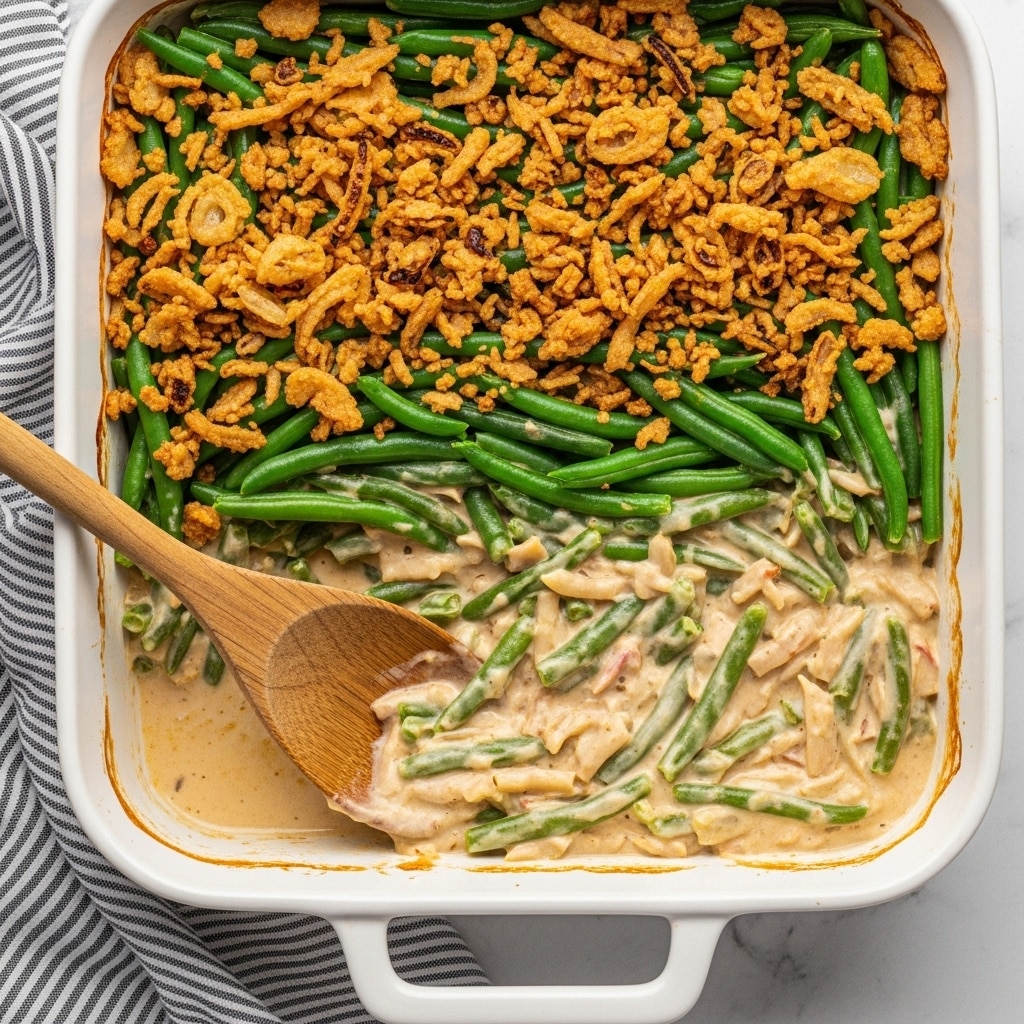 A white baking dish holds a three-layer green bean casserole. The bottom layer shows bright green, fresh green beans covered in a creamy white sauce mixed with small bits of cooked onions. The top layer is a thick, golden-brown crust made of crispy fried onions scattered unevenly, with some pieces darker and crunchy. The casserole's side edges show a slightly browned sauce where it meets the dish. The photo is set on a white marbled surface. Photo taken with an iphone --ar 4:5 --v 7