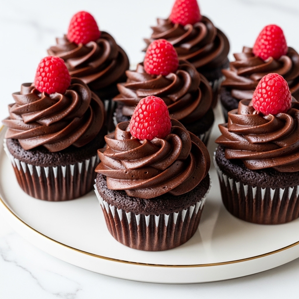 The image shows several chocolate cupcakes placed on a round, white plate with a subtle golden rim, set on a white marbled background. Each cupcake has one layer of dark chocolate cake topped with a thick, swirled layer of rich, glossy dark chocolate frosting. On top of each frosting swirl sits a single bright red raspberry, adding a fresh pop of color and texture to the dark brown tones of the cupcake and frosting. The overall look is neat and inviting, with the cupcakes closely arranged but still showing individual details. Photo taken with an iphone --ar 4:5 --v 7