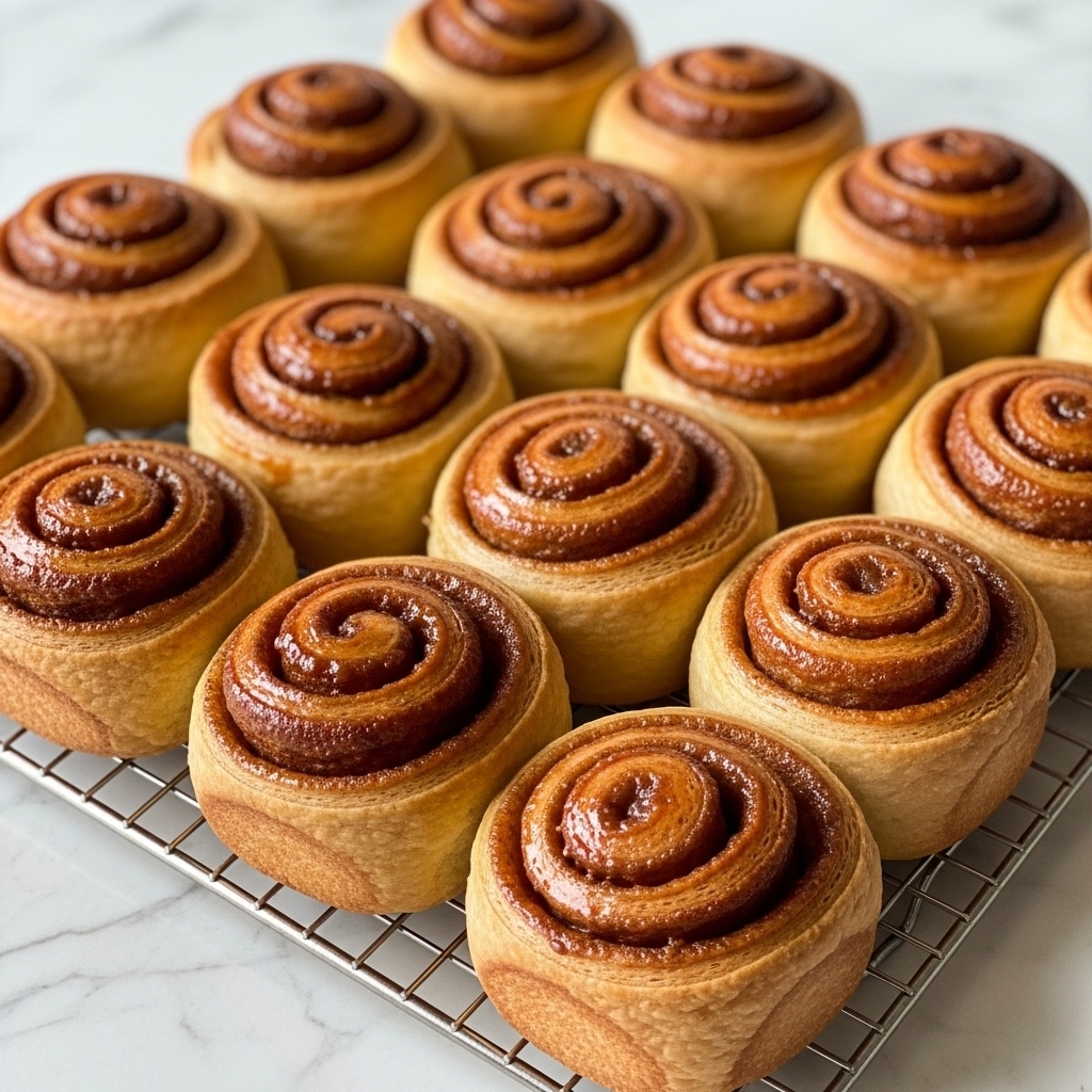 A group of twelve cinnamon rolls with a golden-brown flaky texture are placed in rows on a cooling rack. Each roll shows spiral layers of soft dough with glossy caramelized sugar on top, giving a sticky and shiny appearance. The rolls have a slightly uneven shape, showing the puffiness of the baked dough. The rack sits on a white marbled surface with warm light highlighting the shine and flaky layers of the pastries. photo taken with an iphone --ar 4:5 --v 7