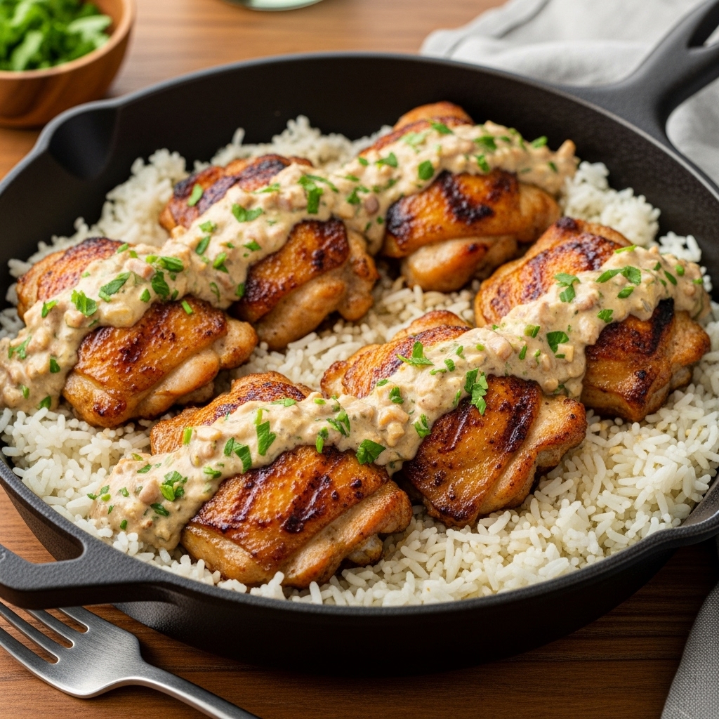 The dish shows three grilled chicken pieces with a golden-brown crust, covered in a creamy white sauce with green herb flakes, all resting in the sauce at the bottom of a black pan. To the side, there is a neatly shaped mound of white rice with some green herb bits sprinkled on top. The pan sits on a piece of dark cloth on a wooden surface, and the background features a white marbled texture. photo taken with an iphone --ar 4:5 --v 7