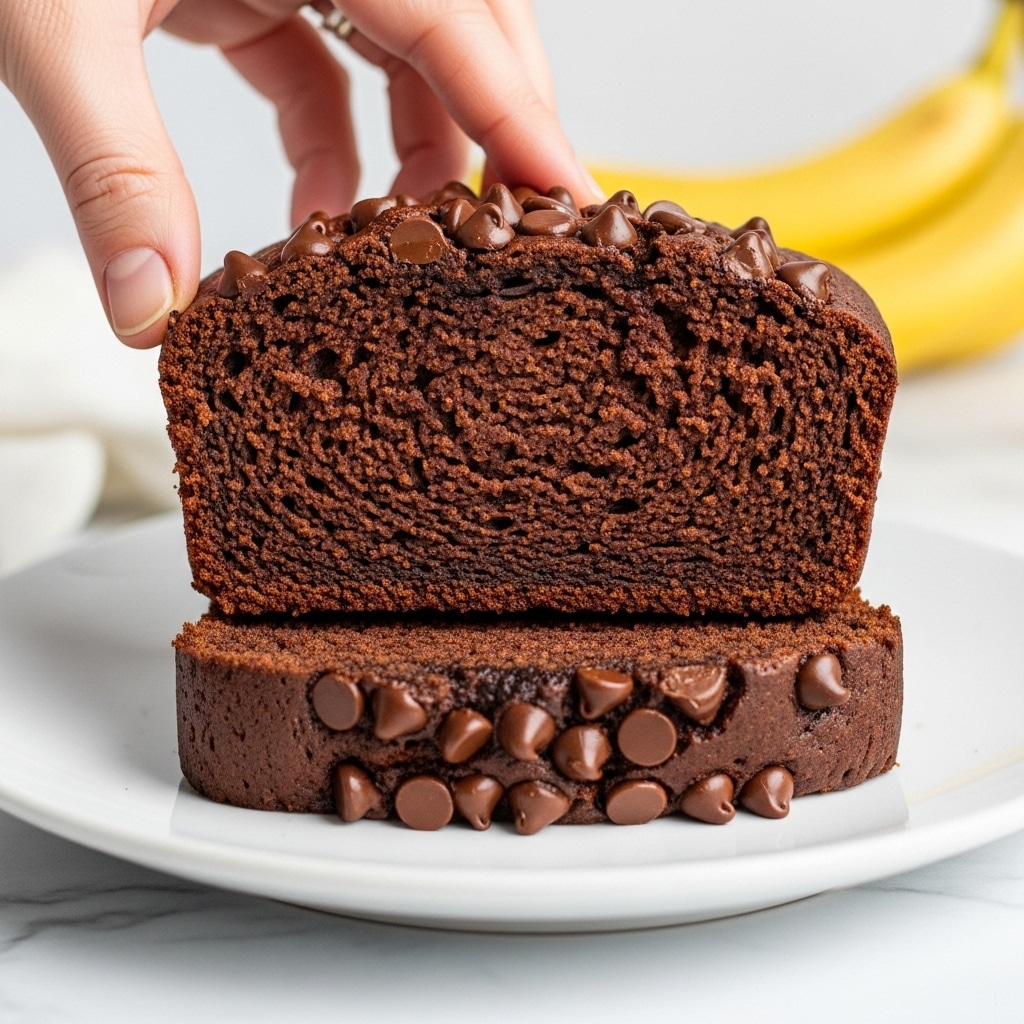 The image shows two thick slices of chocolate banana bread stacked on a white plate with a white marbled surface underneath. The bread is dark brown with a moist texture and covered with small chocolate chips on the sides. On top, a woman's hand gently lifts the top slice, showing the soft and dense inside. In the background, there are blurred bananas adding a yellow contrast. Photo taken with an iphone --ar 4:5 --v 7