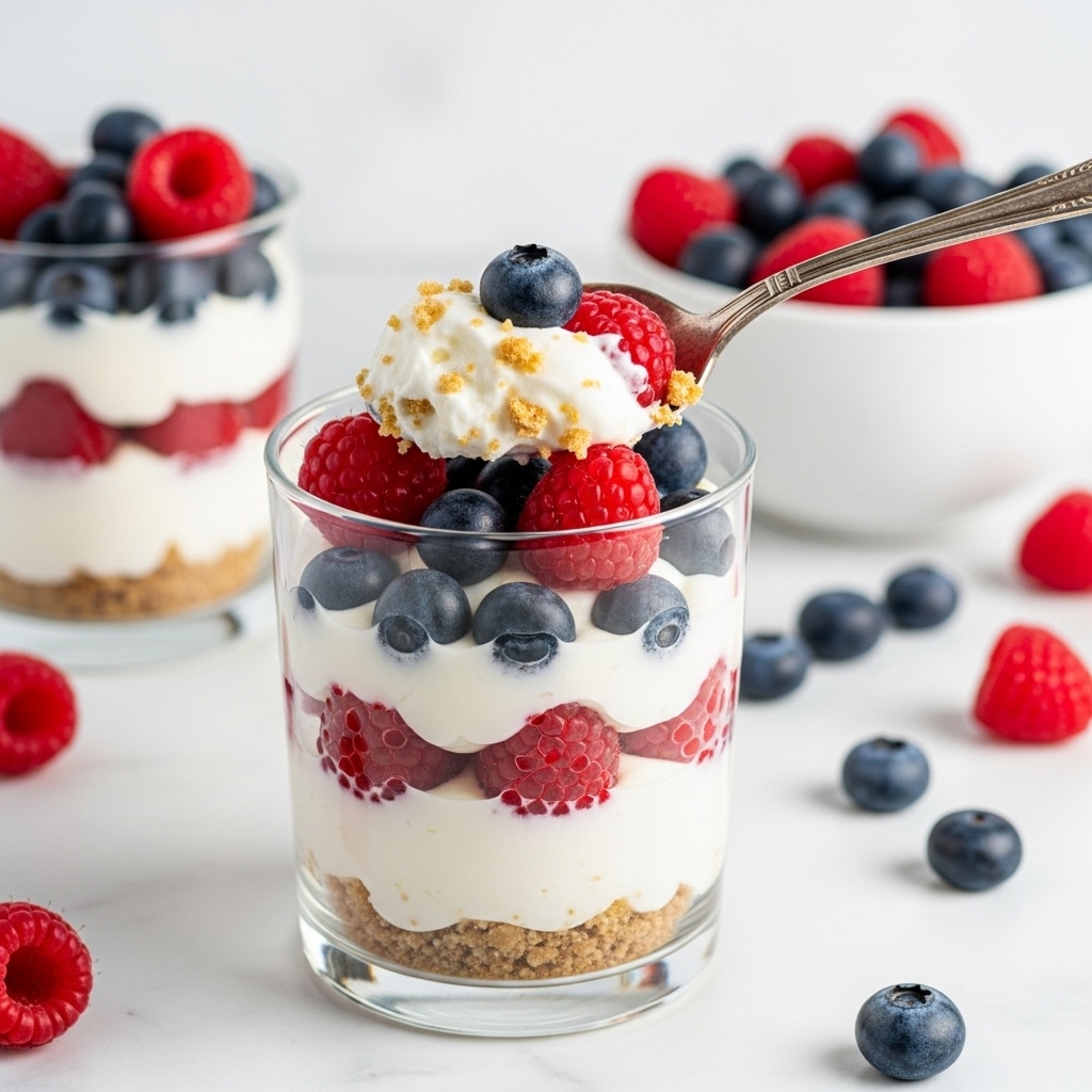 The image shows a clear glass filled with three layers: a bottom layer of light brown crumbs, a middle layer of white creamy yogurt or whipped cream, and a top layer with fresh red raspberries and dark blue blueberries. A vintage silver spoon is scooping some creamy white mixture and crumbs from the glass. In the background, there is a white bowl with more fresh raspberries and blueberries, and some scattered berries on a white marbled surface. Photo taken with an iphone --ar 4:5 --v 7