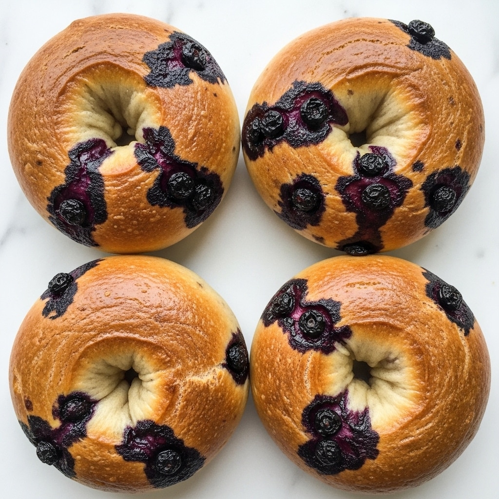 The image shows four golden-brown bagels on a white marbled surface. Each bagel is round with a hole in the center and has visible dark purple bits of fruit baked inside, scattered unevenly around the tops. The texture looks soft yet slightly crisp on the edges, with a light sheen on the surface. The bagels are arranged in a loose square shape. Photo taken with an iphone --ar 4:5 --v 7