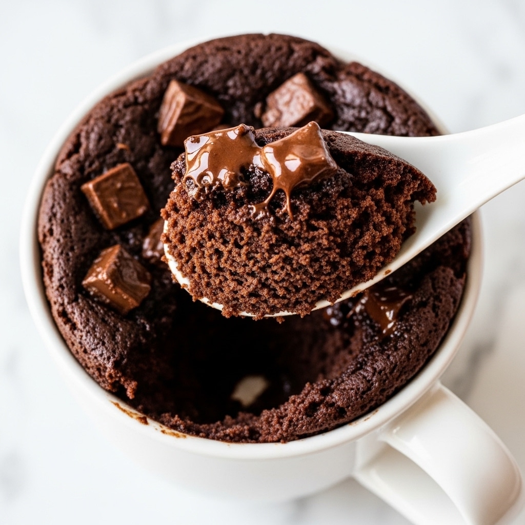 The image shows a close-up of a rich dark chocolate mug cake with a soft and moist texture. The top layer has melted chocolate chunks that are gooey and shiny, blending with the crumbly, dense cake beneath. A white ceramic spoon is scooping up a portion, lifting some of the cake along with melted chocolate. The mug is white, sitting on a white marbled surface. The warm, gooey chocolate contrasts with the darker cake crumbs, making it look fresh and delicious. Photo taken with an iphone --ar 4:5 --v 7