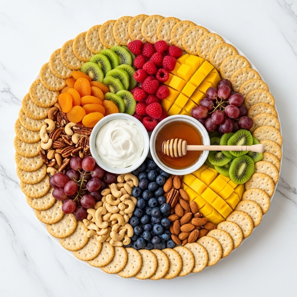 A large white round plate on a white marbled texture holds a colorful fruit and nut platter arranged in layers. The outermost layer is made of round whole grain crackers spread evenly around the edge. Inside that, there is a ring of mixed nuts including cashews, almonds, and pecans. Next, there are clusters of bright orange dried apricots, deep red grapes, sliced green kiwi, and yellow mango cubes arranged in sections around the plate. Near the center, there are piles of red raspberries and dark blue blueberries. In the middle, two small white bowls sit side by side, one filled with creamy white dip and the other with honey and a wooden honey dipper resting inside. The whole plate is neatly organized with vibrant colors and varied textures. photo taken with an iphone --ar 4:5 --v 7