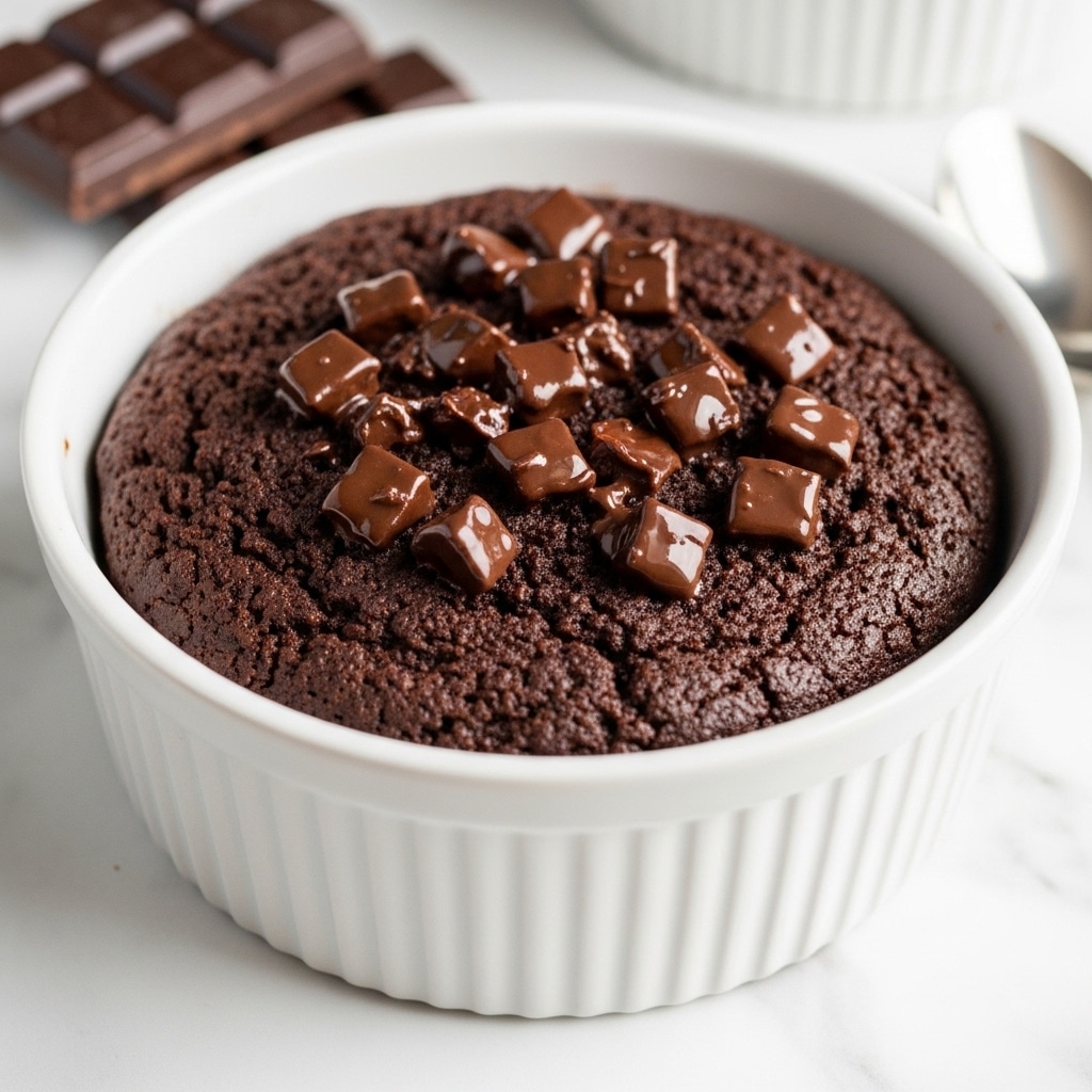 The image shows a white round ramekin filled with a dark, crumbly chocolate dessert, with glossy melted chocolate chunks unevenly spread on top. The dessert appears rich and moist, with a textured dark brown to almost black surface, contrasting nicely with the smooth shiny chocolate pieces. The ramekin sits on a white marbled surface with blurred dark chocolate squares in the background, creating a cozy and indulgent feel. photo taken with an iphone --ar 4:5 --v 7