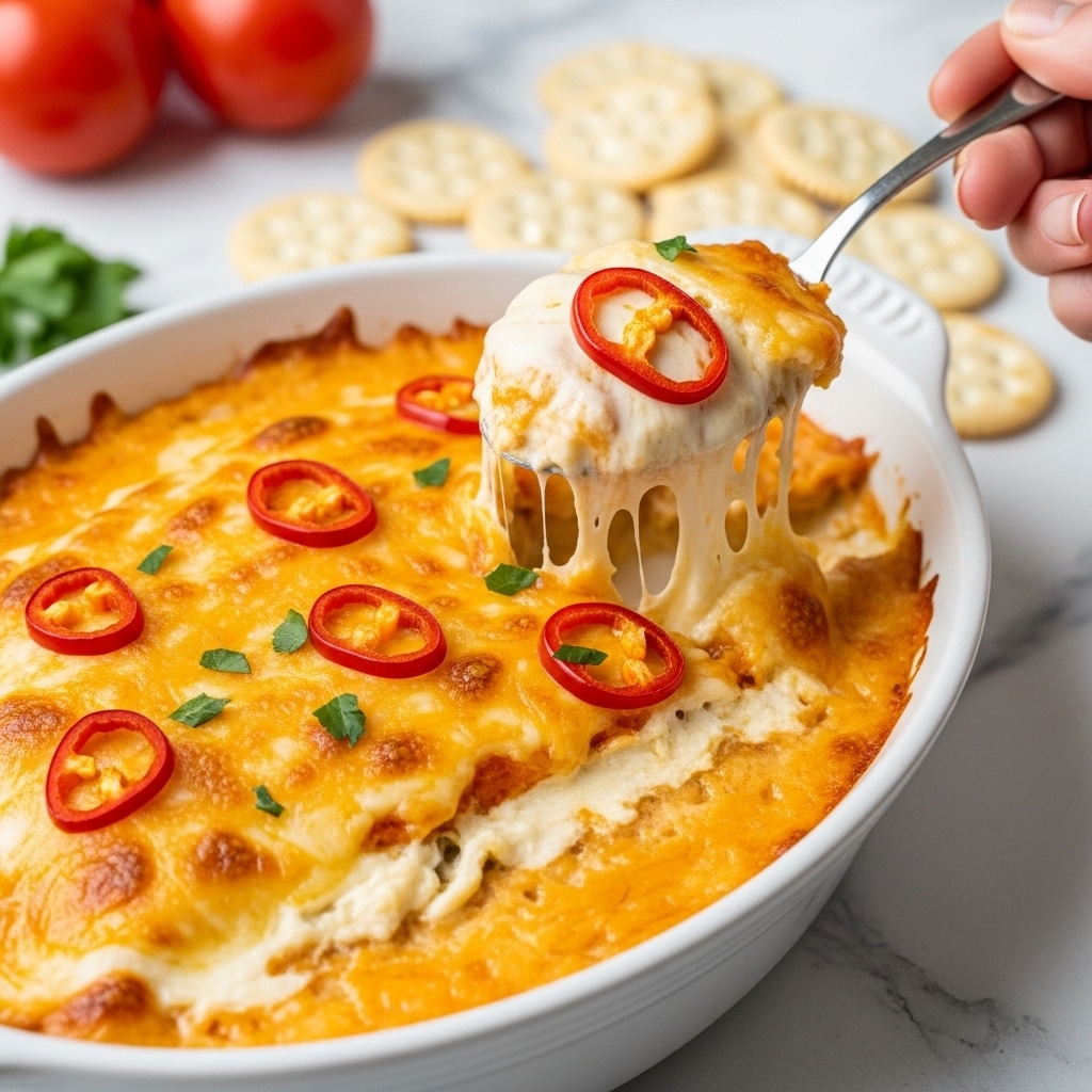A close-up view of a baked casserole in a white square dish, showing a golden brown melted cheese top layer with small browned spots, scattered with bright red cherry tomato halves and sliced red chili peppers. Underneath the cheese, a creamy and gooey layer with melted cheese stretches as a spoon lifts a portion, revealing bits of meat and a creamy textured base. The dish rests on a white marbled surface, with some whole green chilies and red chili peppers nearby. photo taken with an iphone --ar 4:5 --v 7