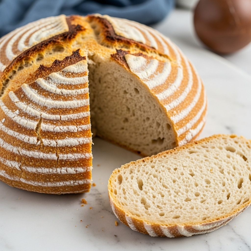 The image shows a round loaf of bread with a thick, golden-brown crust and a slightly cracked top. One large slice is cut from the loaf, revealing a soft, light beige inside with small air holes spread evenly. The loaf and the slice rest on a white marbled surface. In the background, there is a hint of a blue cloth and a blurry round brown object. Photo taken with an iphone --ar 4:5 --v 7