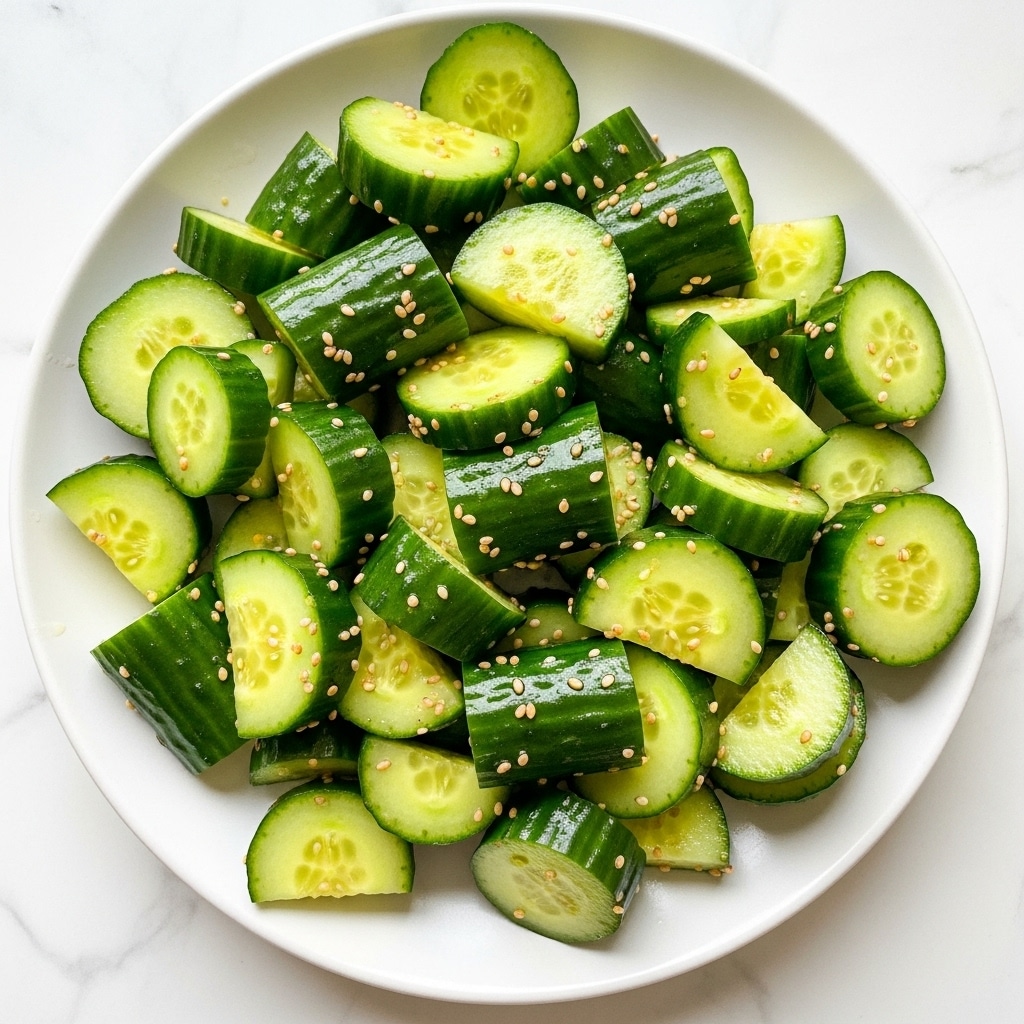 The image shows a white round plate filled with sliced cucumbers, cut into thick, uneven rounds, layered unevenly across the plate. The cucumbers are dark green with a shiny surface, dressed with a light brown sauce that coats the pieces, giving them a glossy look. Scattered on top are small white sesame seeds, adding texture and contrast. Thin, bright green scallion slices are mixed throughout the cucumbers, adding a fresh, crisp look. The background is a white marbled texture, making the green colors of the dish stand out clearly. Photo taken with an iphone --ar 4:5 --v 7